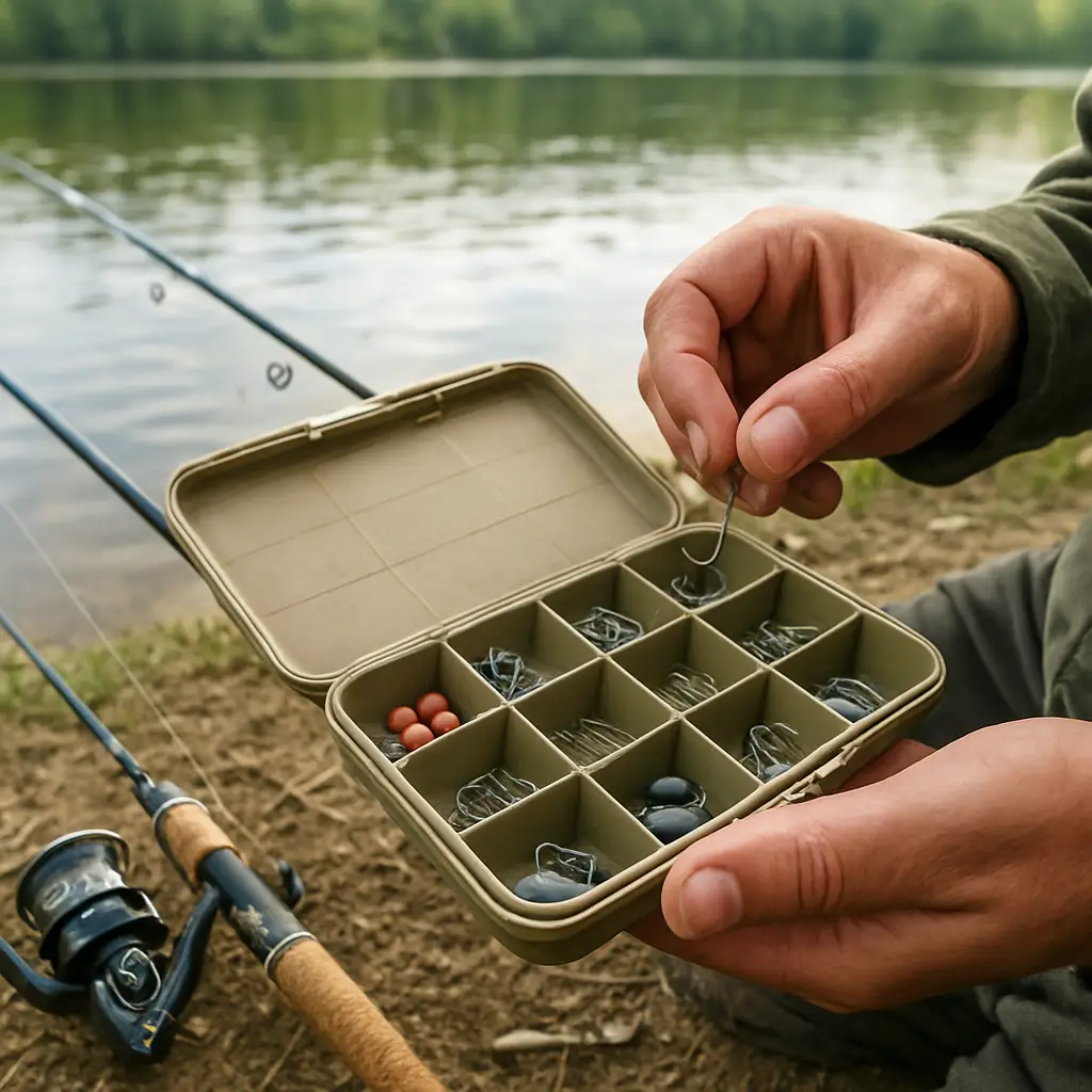 Angler choosing fishing hooks for bass walleye trout and pike in Canada