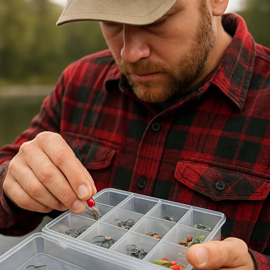 Canadian angler organizing fishing hooks and tackle before a trip
