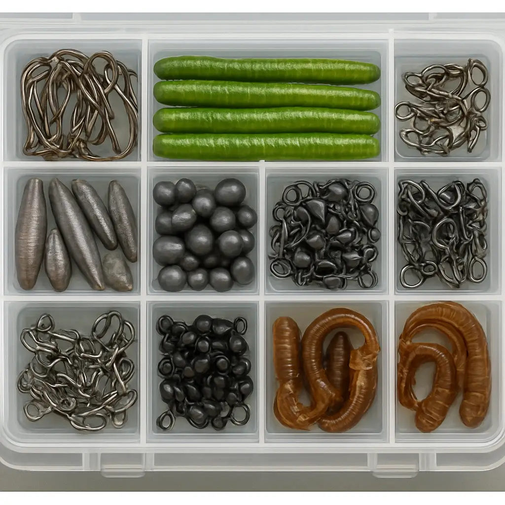 Tackle box with organized terminal tackle for fishing in Canada