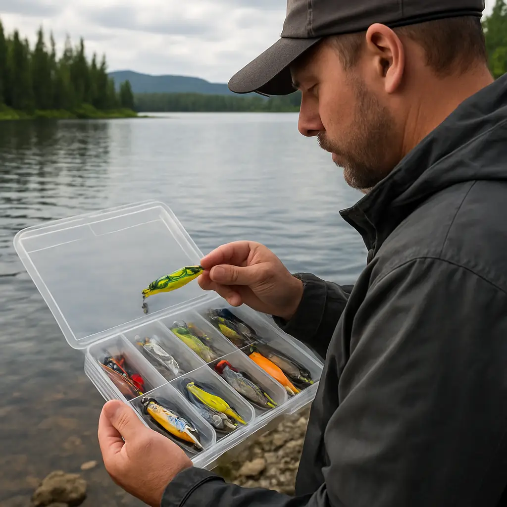 Canadian angler choosing fishing lures for walleye bass trout pike and salmon