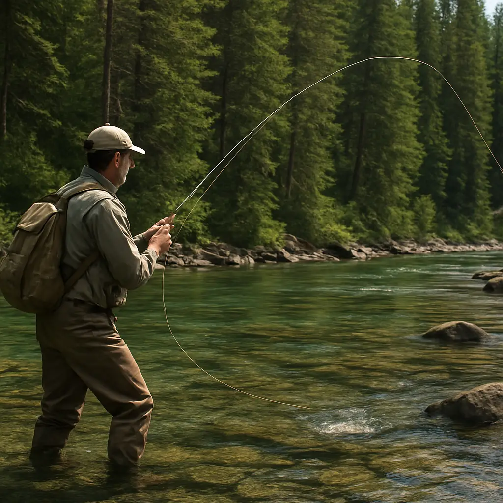 Canadian angler fly fishing for trout in a clear river setting