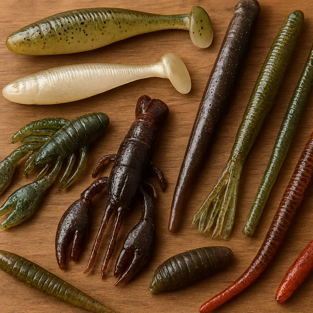 Soft plastic baits including paddle tail swimbaits stick baits and creature baits