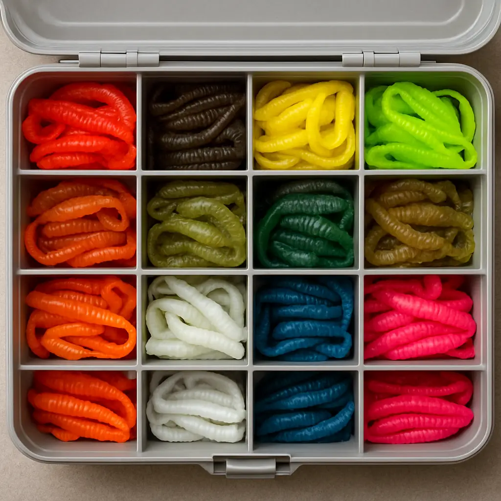 Organized soft plastic baits in a tackle box for Canadian freshwater fishing