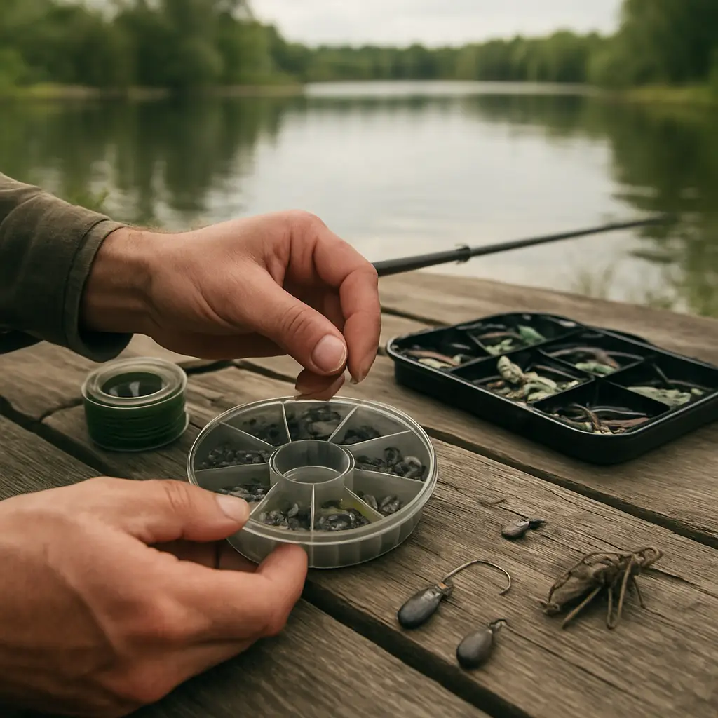 Canadian angler organizing terminal tackle for walleye bass trout and pike rigs