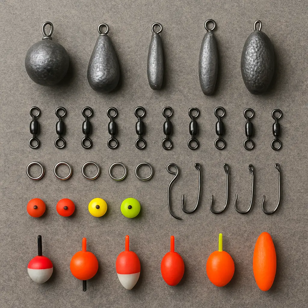 Fishing terminal tackle including sinkers swivels split rings hooks and bobbers
